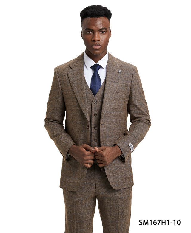 Brown Plaid 3 Piece Notch Lapel Stacy Adams Men's Hybrid Suit