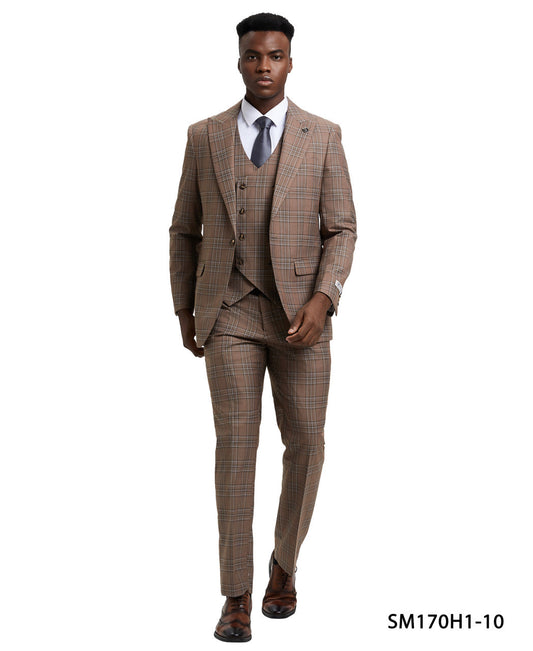 Brown Plaid 3 Piece Peak Lapel Stacy Adams Men's Hybrid Suit