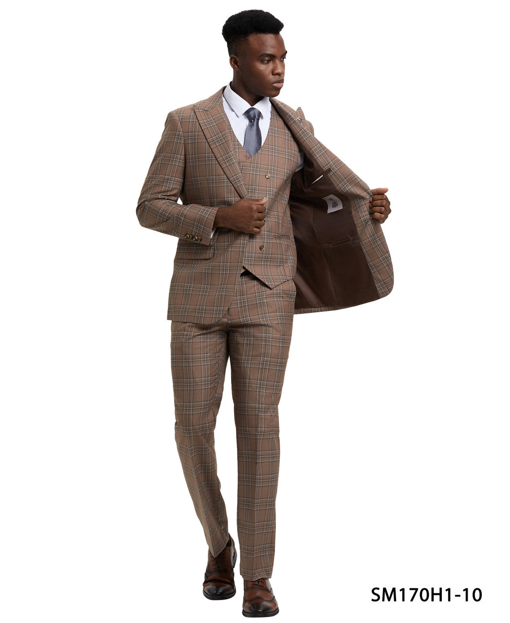 Brown Plaid 3 Piece Peak Lapel Stacy Adams Men's Hybrid Suit