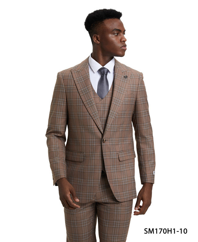 Brown Plaid 3 Piece Peak Lapel Stacy Adams Men's Hybrid Suit