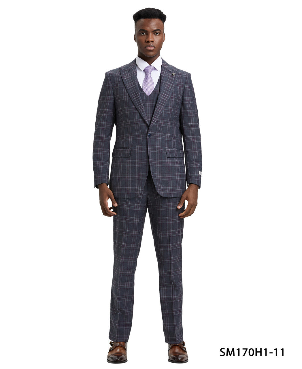 Grey Plaid 3 Piece Peak Lapel Stacy Adams Men's Hybrid Suit