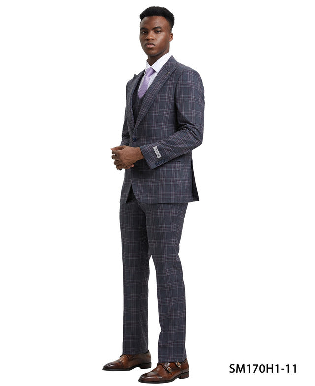 Grey Plaid 3 Piece Peak Lapel Stacy Adams Men's Hybrid Suit