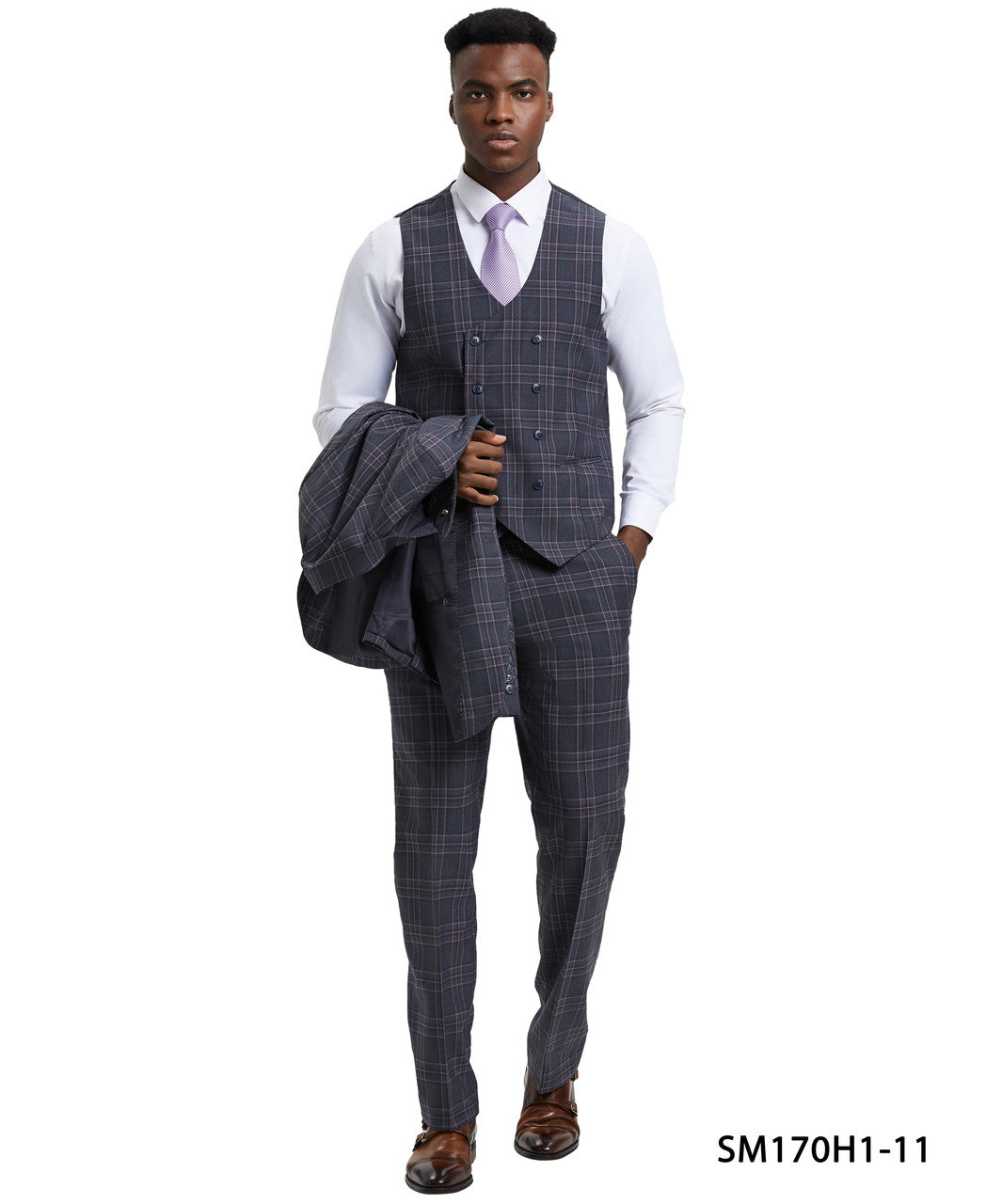 Grey Plaid 3 Piece Peak Lapel Stacy Adams Men's Hybrid Suit