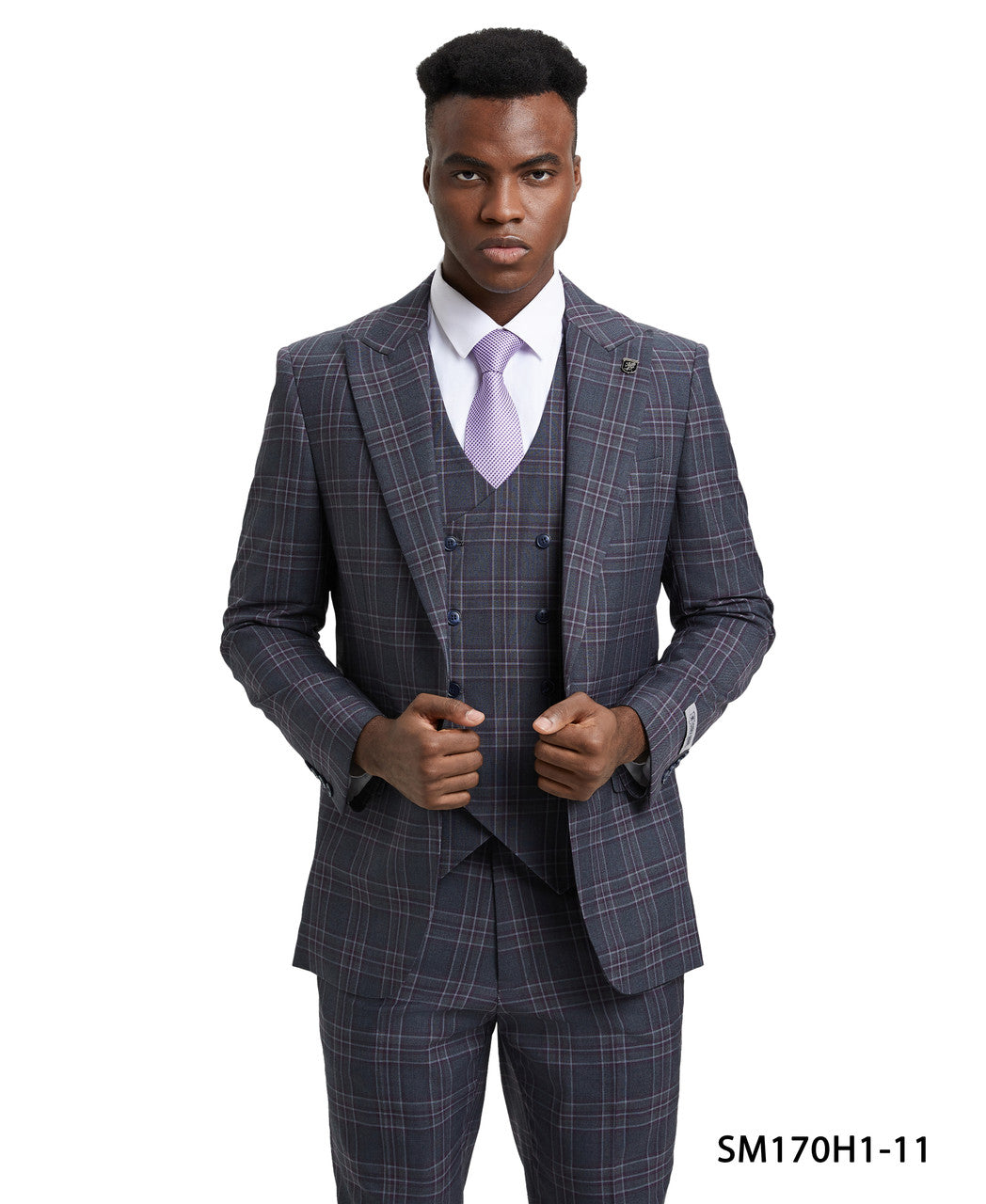 Grey Plaid 3 Piece Peak Lapel Stacy Adams Men's Hybrid Suit