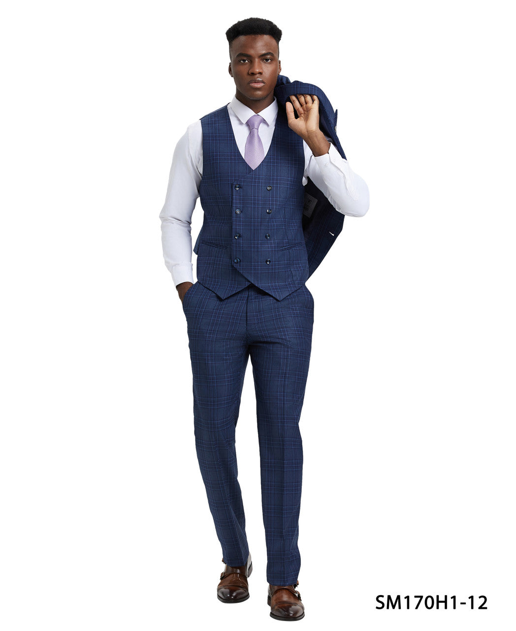 Purple/Blue Plaid 3 Piece Peak Lapel Stacy Adams Men's Hybrid Suit