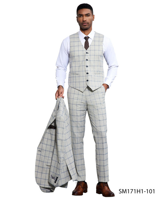 Light Grey Windowpane 3 Piece Peak Lapel Stacy Adams Men's Hybrid Suit