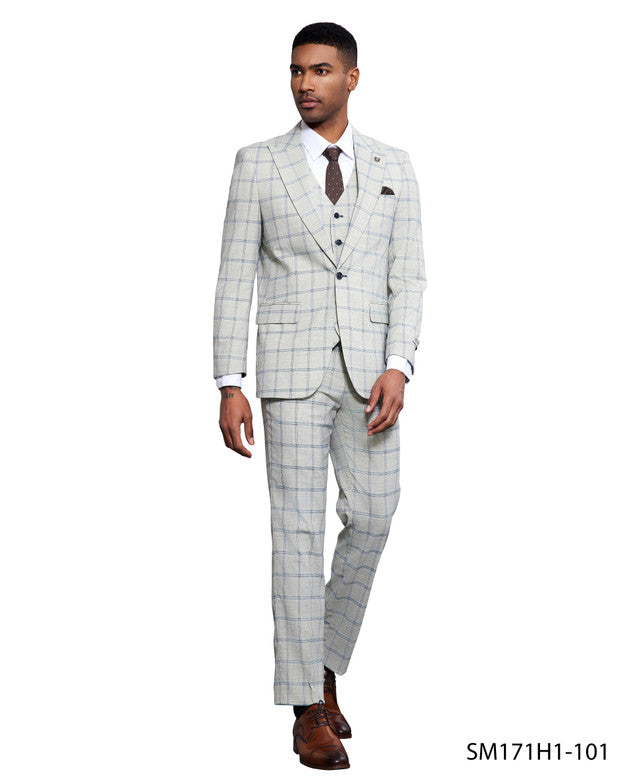 Light Grey Windowpane 3 Piece Peak Lapel Stacy Adams Men's Hybrid Suit