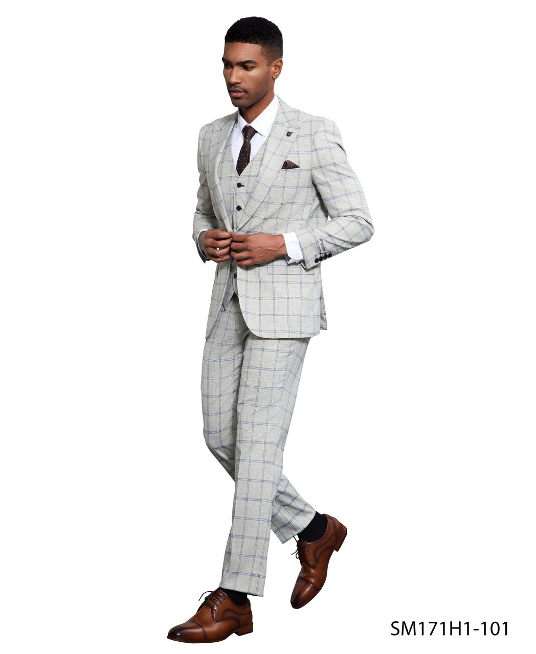 Light Grey Windowpane 3 Piece Peak Lapel Stacy Adams Men's Hybrid Suit