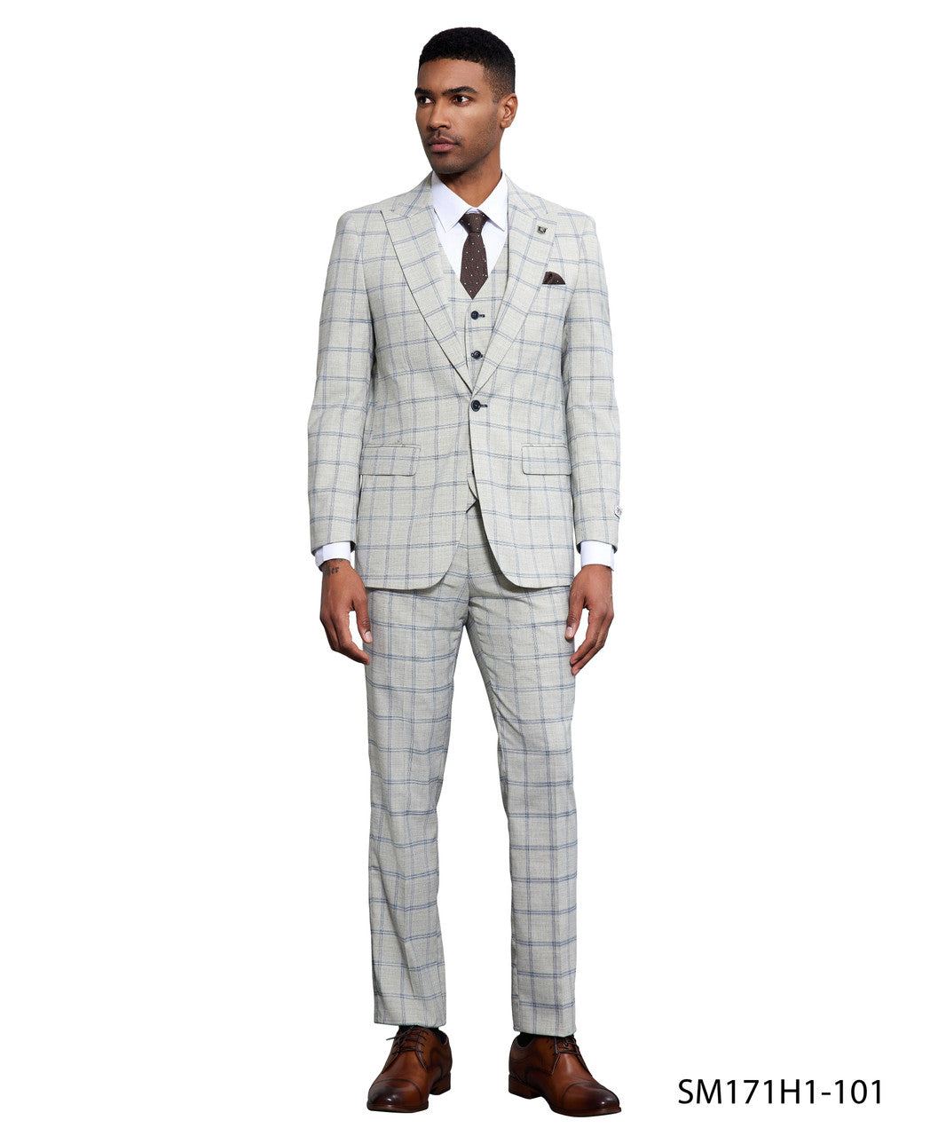 Light Grey Windowpane 3 Piece Peak Lapel Stacy Adams Men's Hybrid Suit