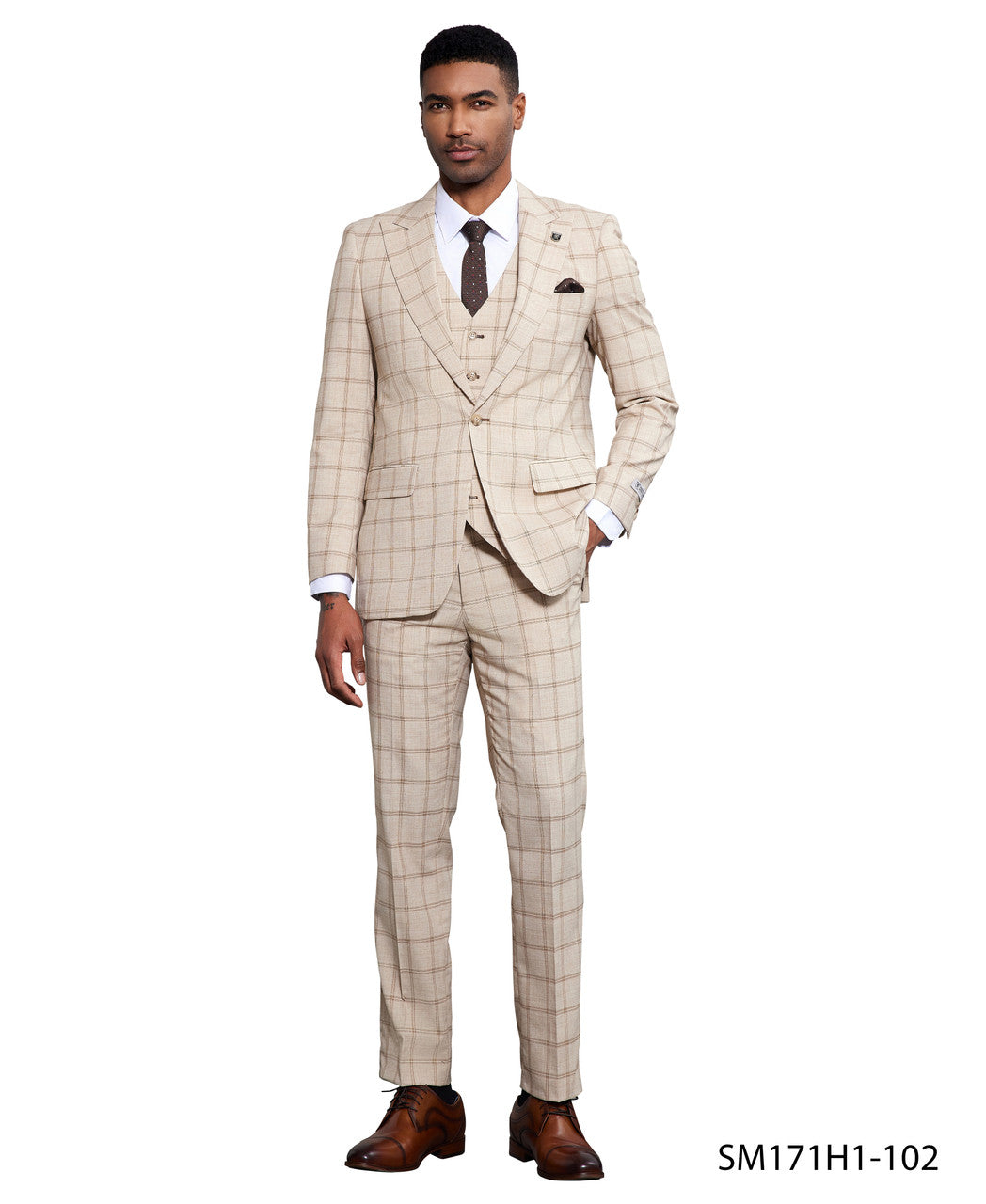 Tan Windowpane 3 Piece Peak Lapel Stacy Adams Men's Hybrid Suit