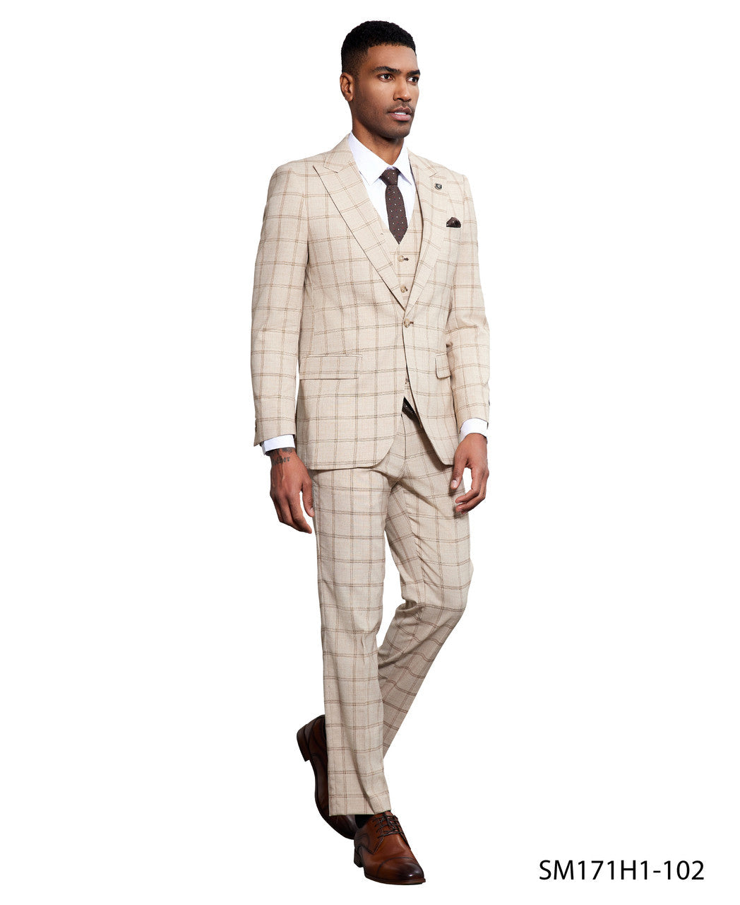 Tan Windowpane 3 Piece Peak Lapel Stacy Adams Men's Hybrid Suit