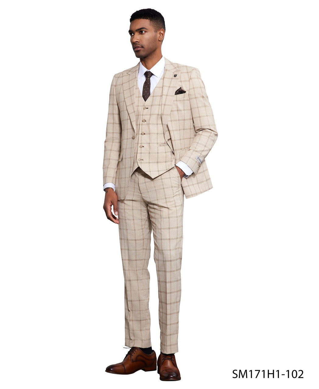 Tan Windowpane 3 Piece Peak Lapel Stacy Adams Men's Hybrid Suit