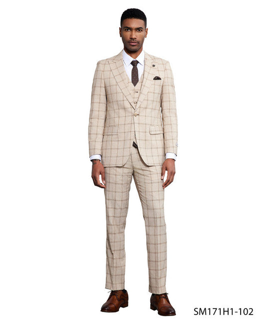 Tan Windowpane 3 Piece Peak Lapel Stacy Adams Men's Hybrid Suit