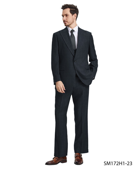 Dark Teal Windowpane 3 Piece Peak Lapel Stacy Adams Men's Hybrid Suit