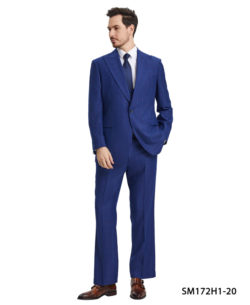 Blue Windowpane 3 Piece Peak Lapel Stacy Adams Men's Hybrid Suit