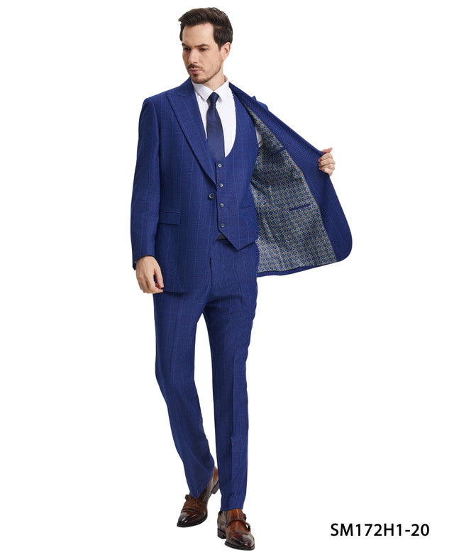 Blue Windowpane 3 Piece Peak Lapel Stacy Adams Men's Hybrid Suit