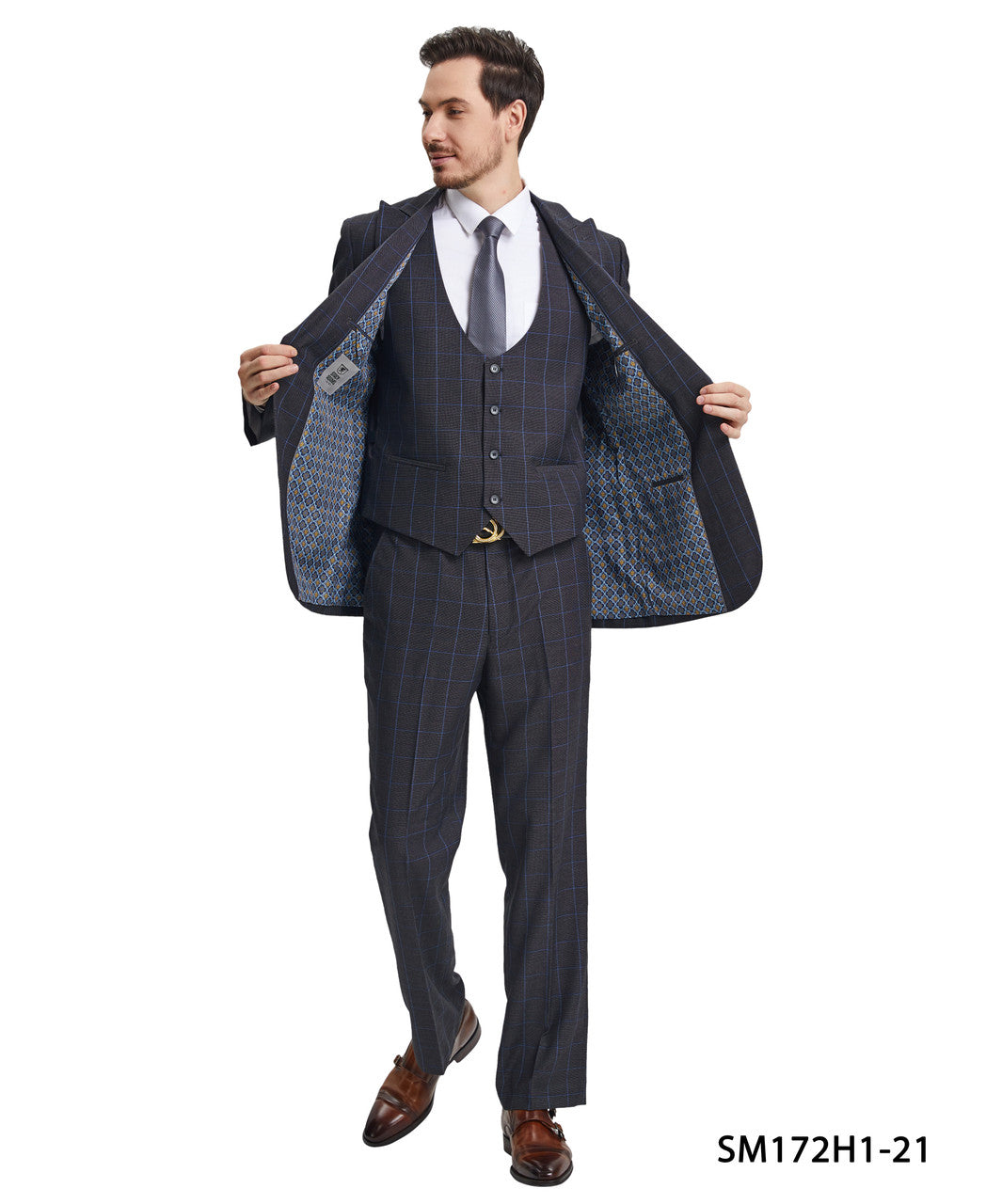 Dark Grey Windowpane 3 Piece Peak Lapel Stacy Adams Men's Hybrid Suit