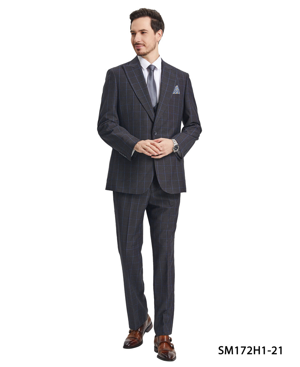 Dark Grey Windowpane 3 Piece Peak Lapel Stacy Adams Men's Hybrid Suit