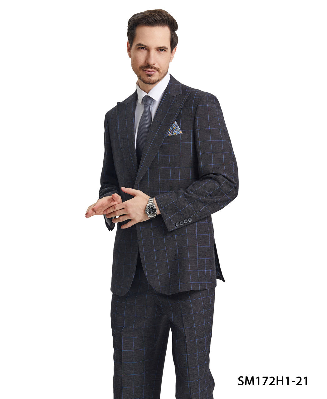 Dark Grey Windowpane 3 Piece Peak Lapel Stacy Adams Men's Hybrid Suit