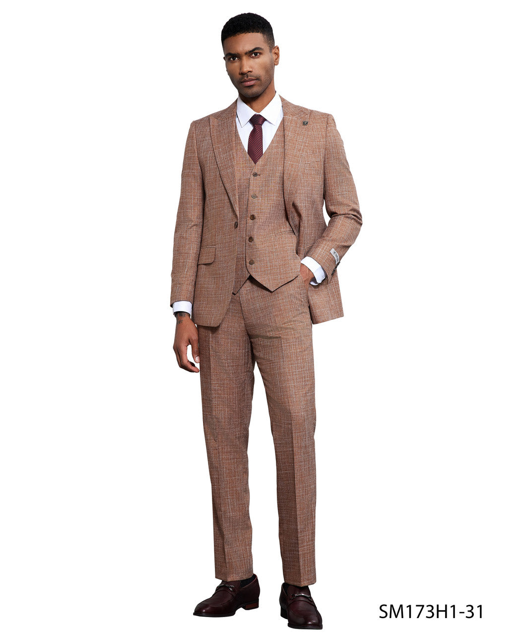 Tan Solid Texture 3 Piece Peak Lapel Stacy Adams Men's Hybrid Suit