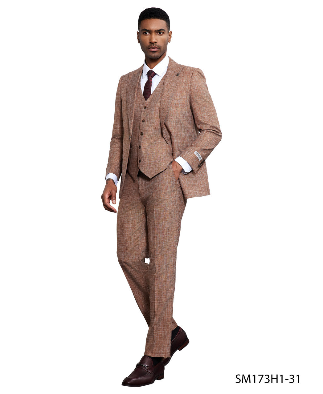 Tan Solid Texture 3 Piece Peak Lapel Stacy Adams Men's Hybrid Suit