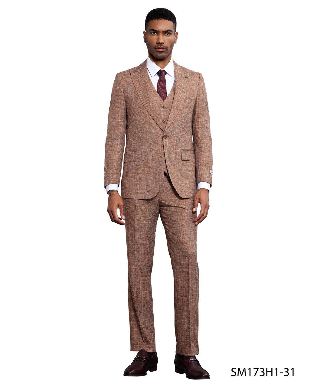 Tan Solid Texture 3 Piece Peak Lapel Stacy Adams Men's Hybrid Suit