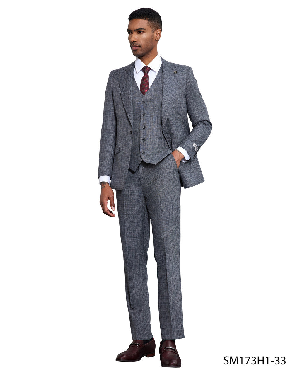 Dark Grey Solid Texture 3 Piece Peak Lapel Stacy Adams Men's Hybrid Suit