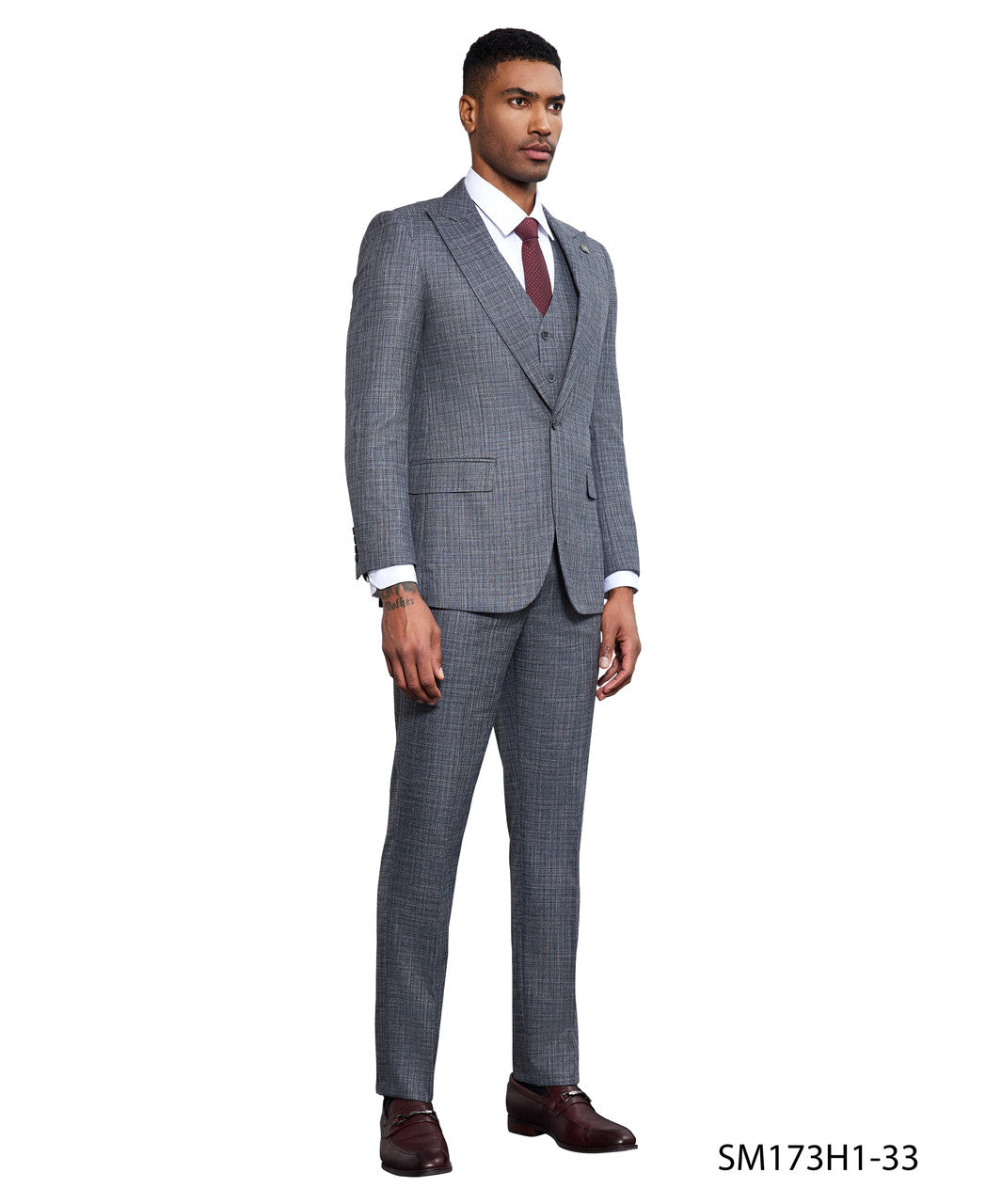 Dark Grey Solid Texture 3 Piece Peak Lapel Stacy Adams Men's Hybrid Suit