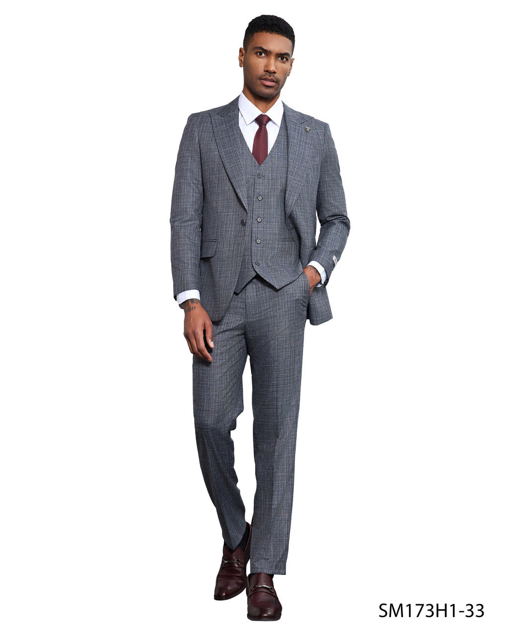 Dark Grey Solid Texture 3 Piece Peak Lapel Stacy Adams Men's Hybrid Suit