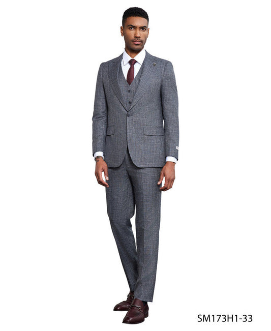 Dark Grey Solid Texture 3 Piece Peak Lapel Stacy Adams Men's Hybrid Suit