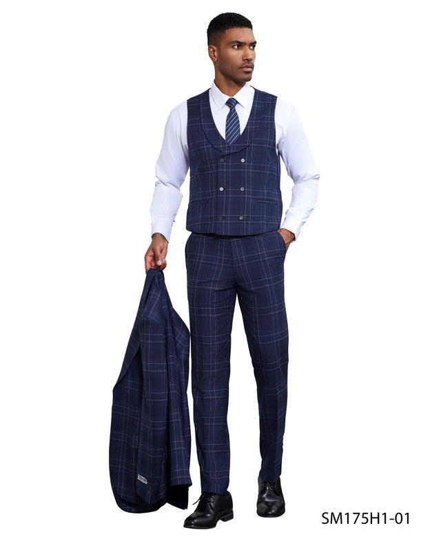 Blue Windowpane 3 Piece Peak Lapel Stacy Adams Men's Hybrid Suit