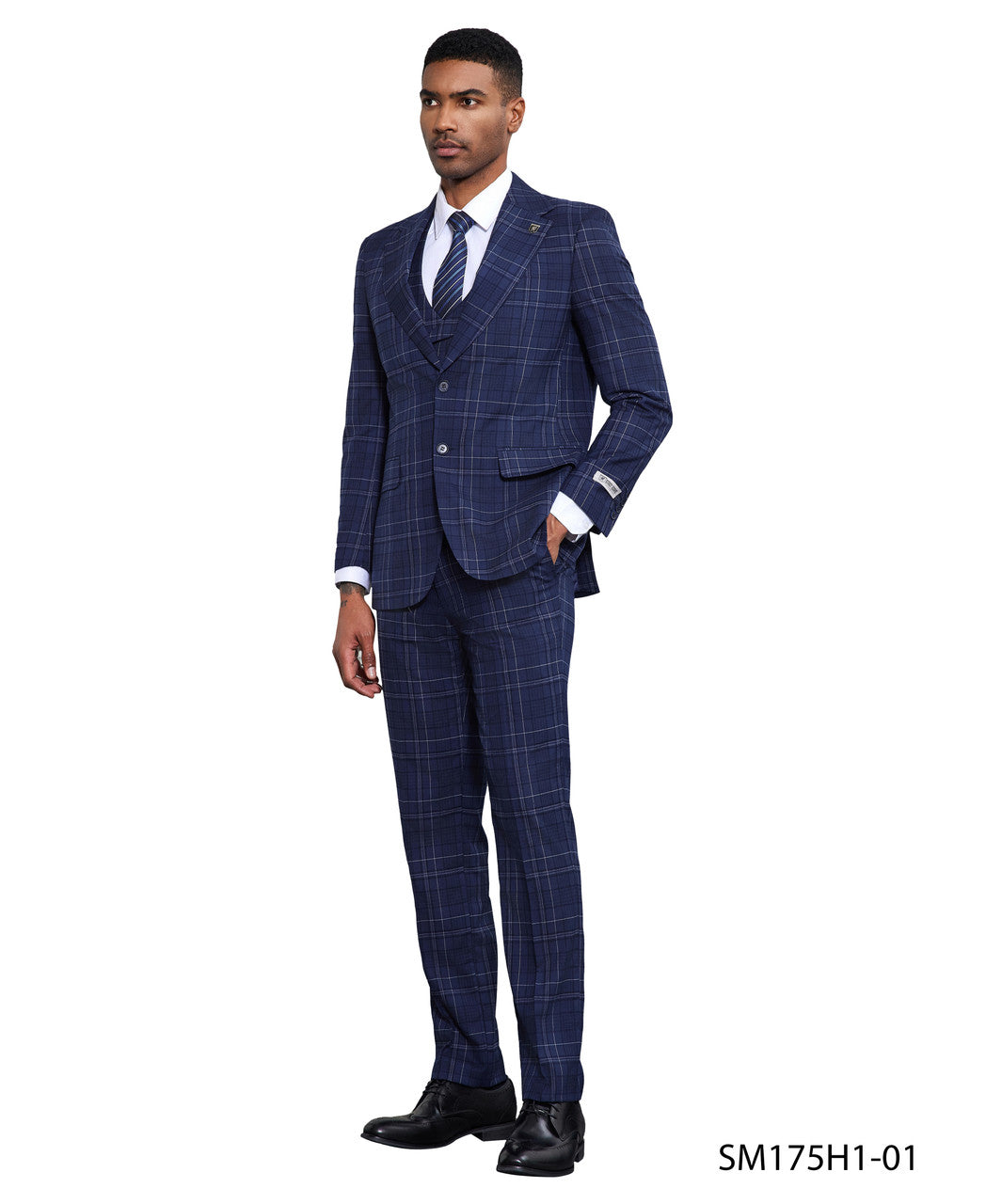 Blue Windowpane 3 Piece Peak Lapel Stacy Adams Men's Hybrid Suit