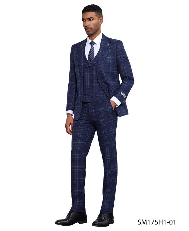 Blue Windowpane 3 Piece Peak Lapel Stacy Adams Men's Hybrid Suit