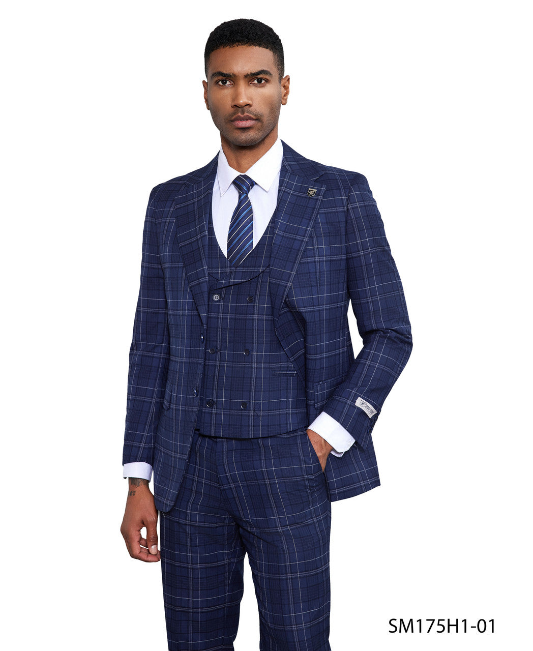 Blue Windowpane 3 Piece Peak Lapel Stacy Adams Men's Hybrid Suit