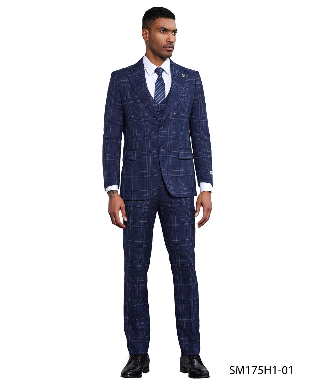 Blue Windowpane 3 Piece Peak Lapel Stacy Adams Men's Hybrid Suit