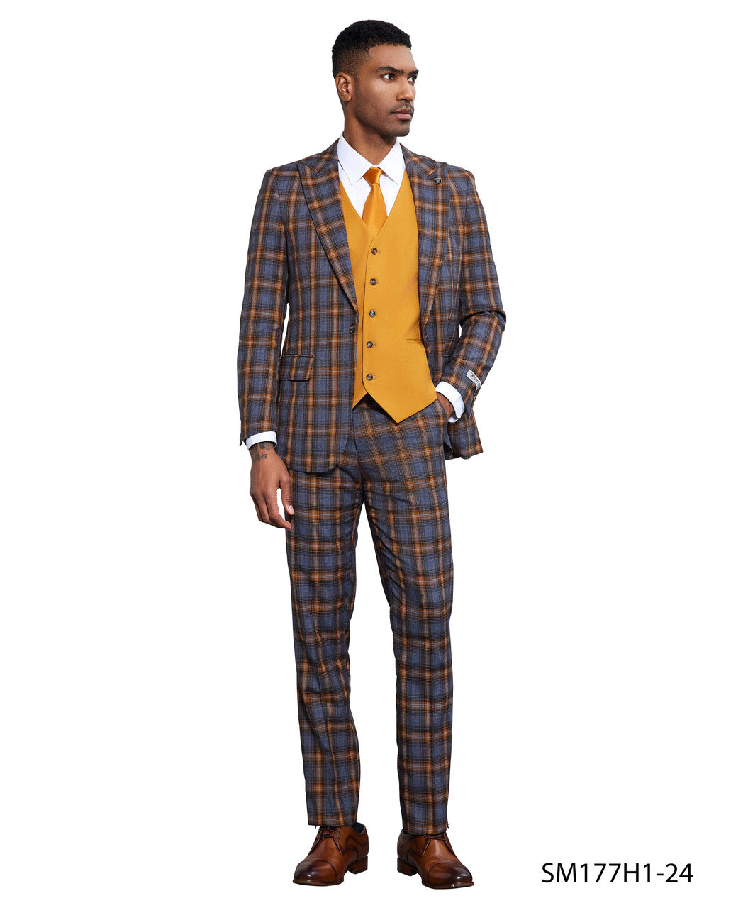 Blue/Orange Windowpane 3 Piece Peak Lapel Stacy Adams Men's Hybrid Suit