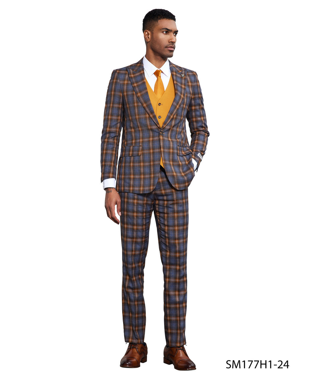 Blue/Orange Windowpane 3 Piece Peak Lapel Stacy Adams Men's Hybrid Suit