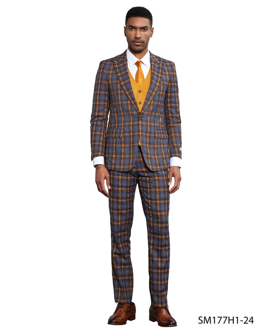 Blue/Orange Windowpane 3 Piece Peak Lapel Stacy Adams Men's Hybrid Suit