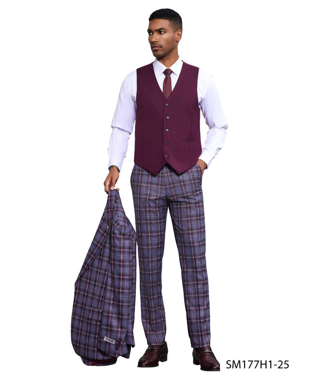 Wine/Grey Windowpane 3 Piece Peak Lapel Stacy Adams Men's Hybrid Suit