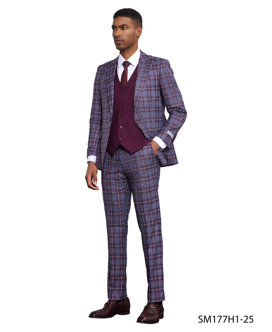 Wine/Grey Windowpane 3 Piece Peak Lapel Stacy Adams Men's Hybrid Suit