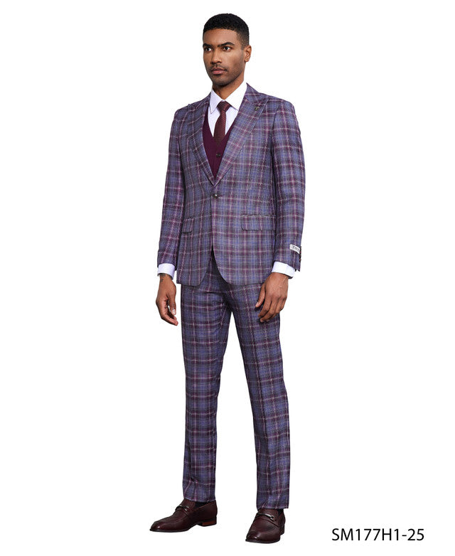 Wine/Grey Windowpane 3 Piece Peak Lapel Stacy Adams Men's Hybrid Suit