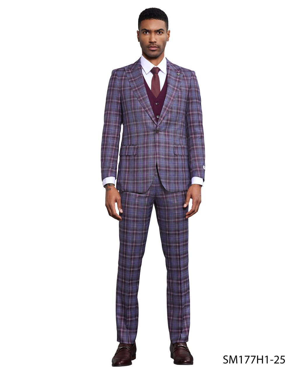 Wine/Grey Windowpane 3 Piece Peak Lapel Stacy Adams Men's Hybrid Suit