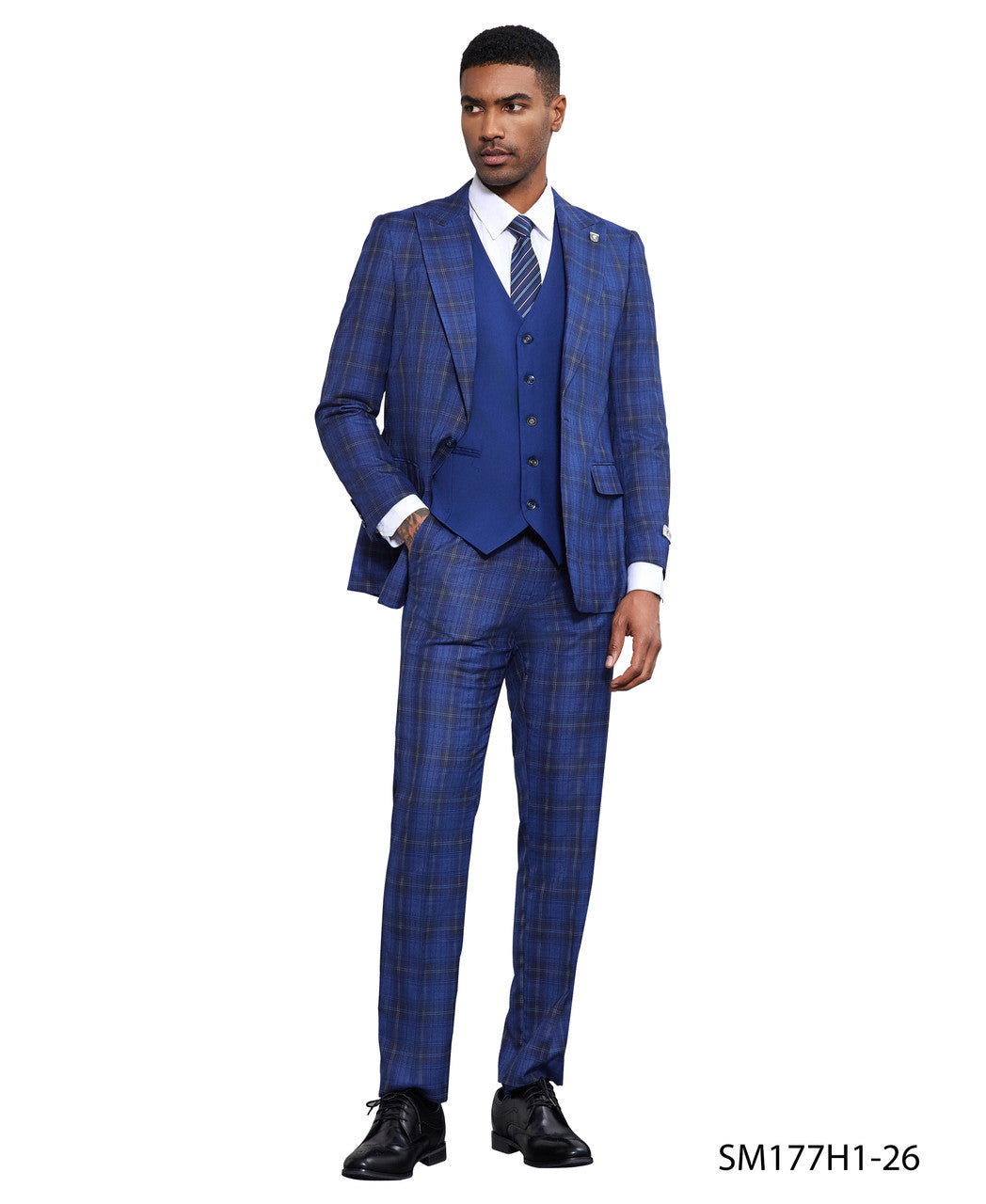 Royal/White Windowpane 3 Piece Peak Lapel Stacy Adams Men's Hybrid Suit