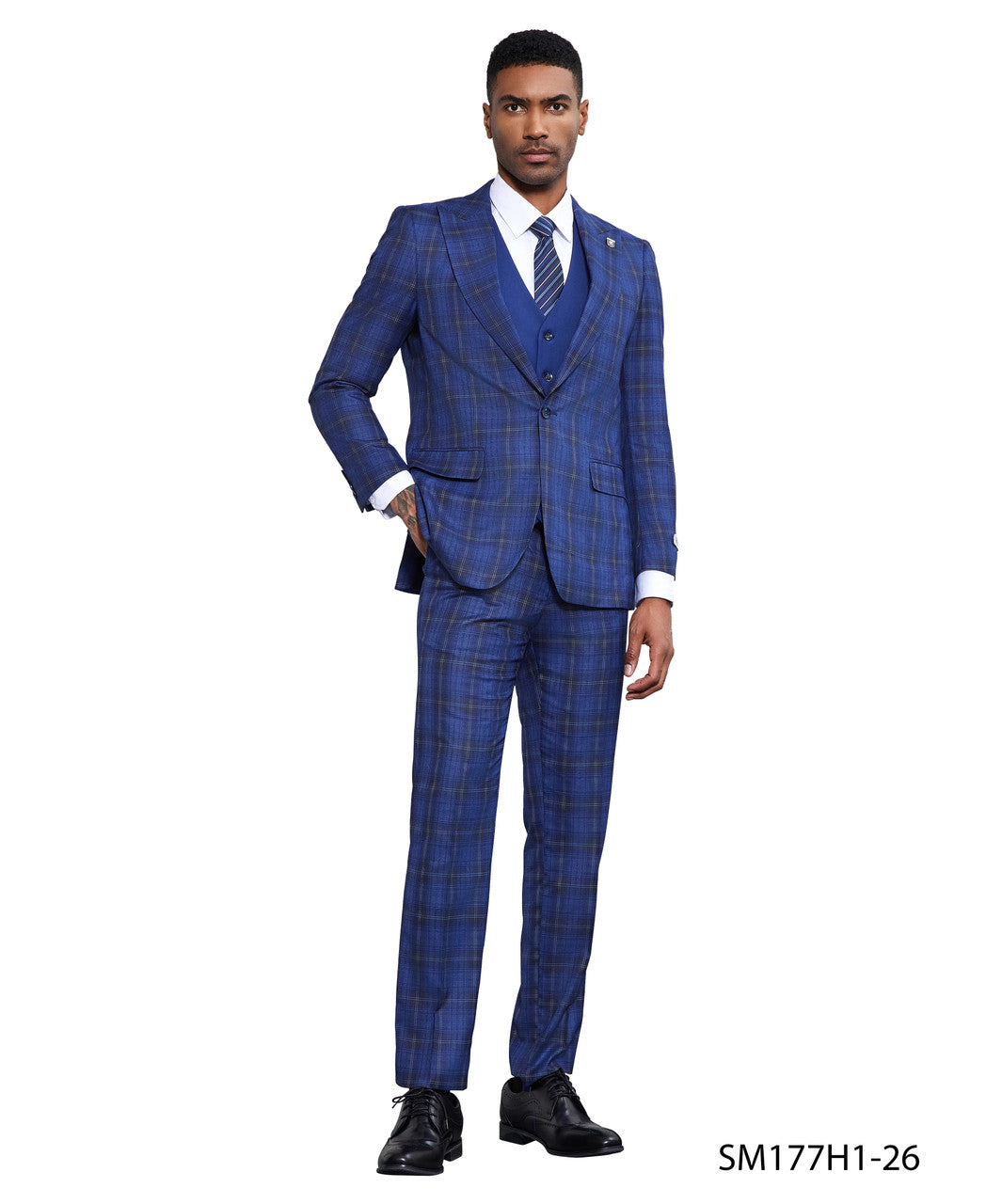 Royal/White Windowpane 3 Piece Peak Lapel Stacy Adams Men's Hybrid Suit