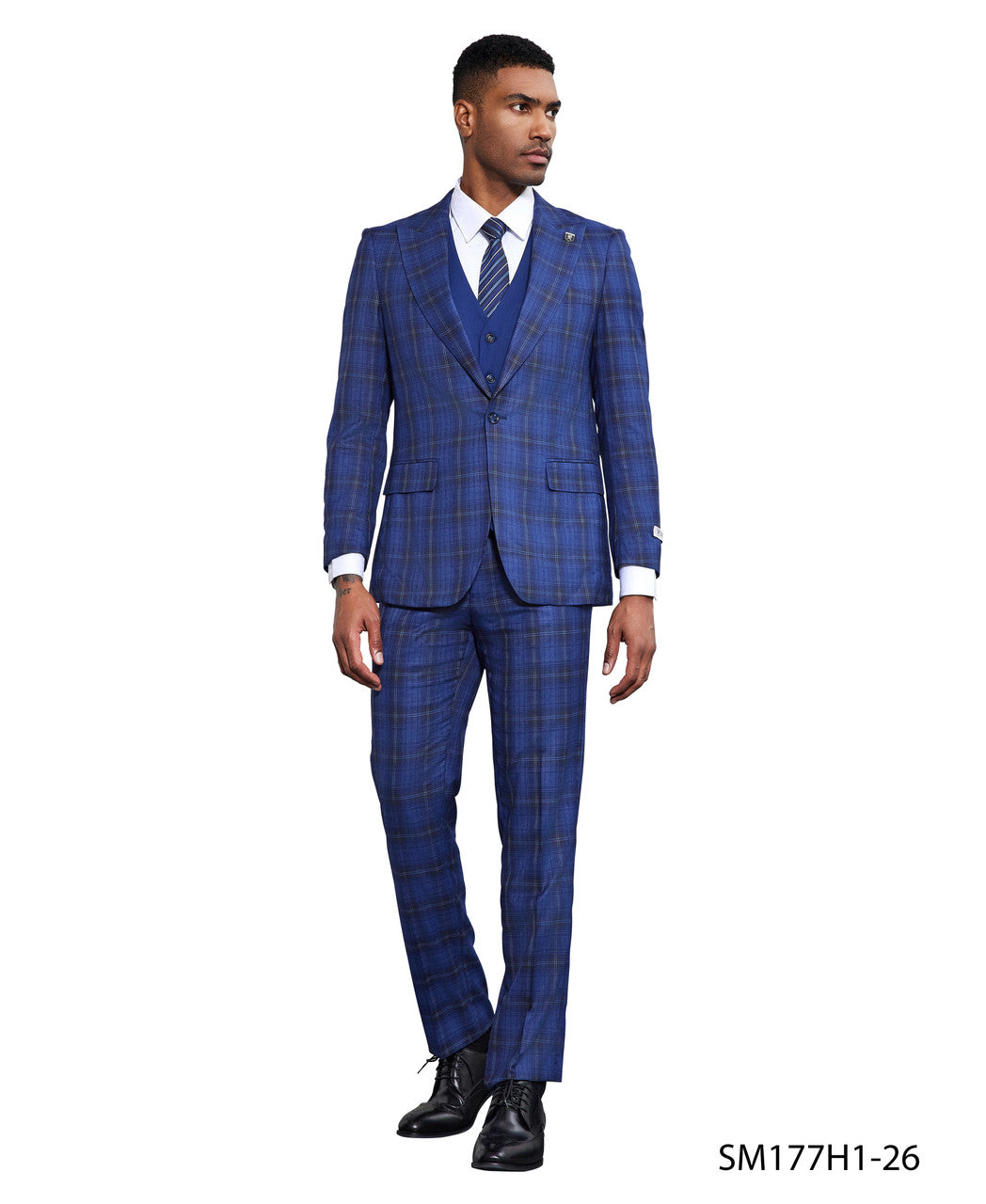 Royal/White Windowpane 3 Piece Peak Lapel Stacy Adams Men's Hybrid Suit