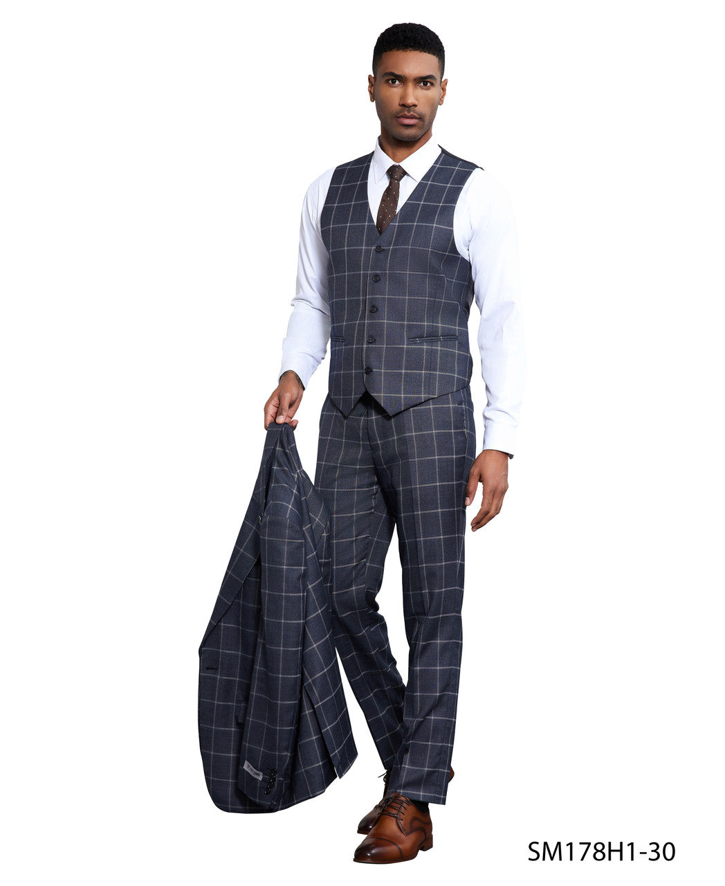 Charcoal Windowpane 3 Piece Peak Lapel Stacy Adams Men's Hybrid Suit