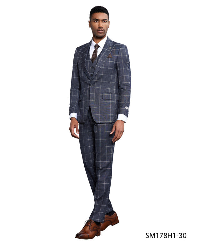 Charcoal Windowpane 3 Piece Peak Lapel Stacy Adams Men's Hybrid Suit