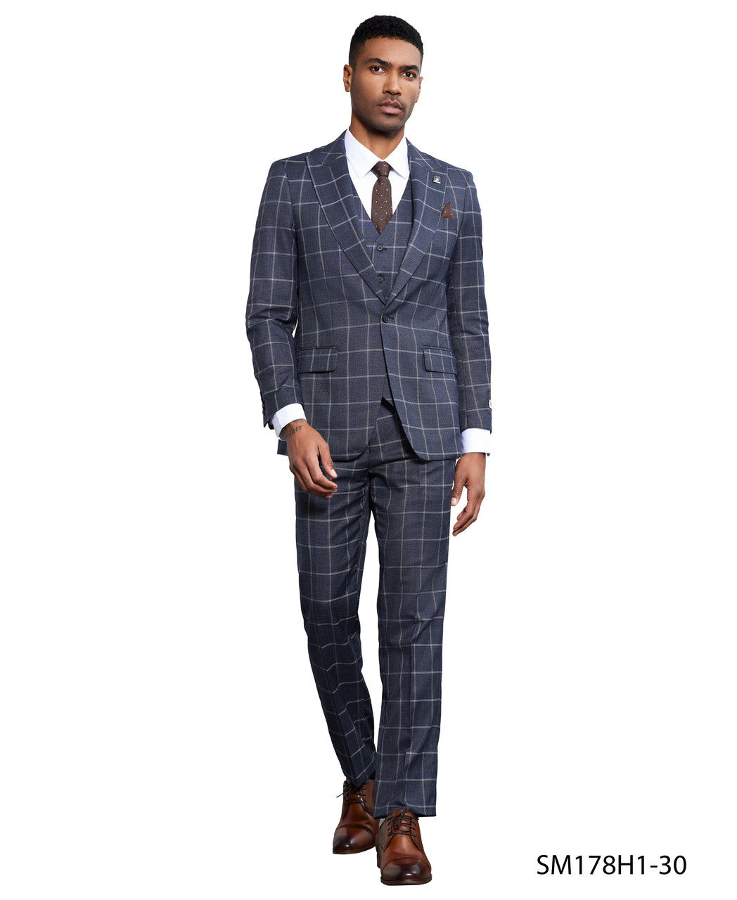 Charcoal Windowpane 3 Piece Peak Lapel Stacy Adams Men's Hybrid Suit