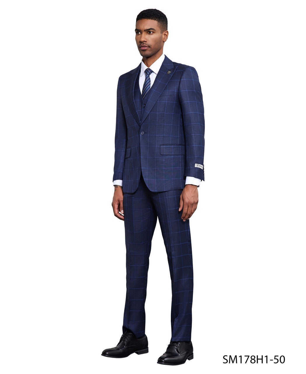 Dark Blue Windowpane 3 Piece Peak Lapel Stacy Adams Men's Hybrid Suit