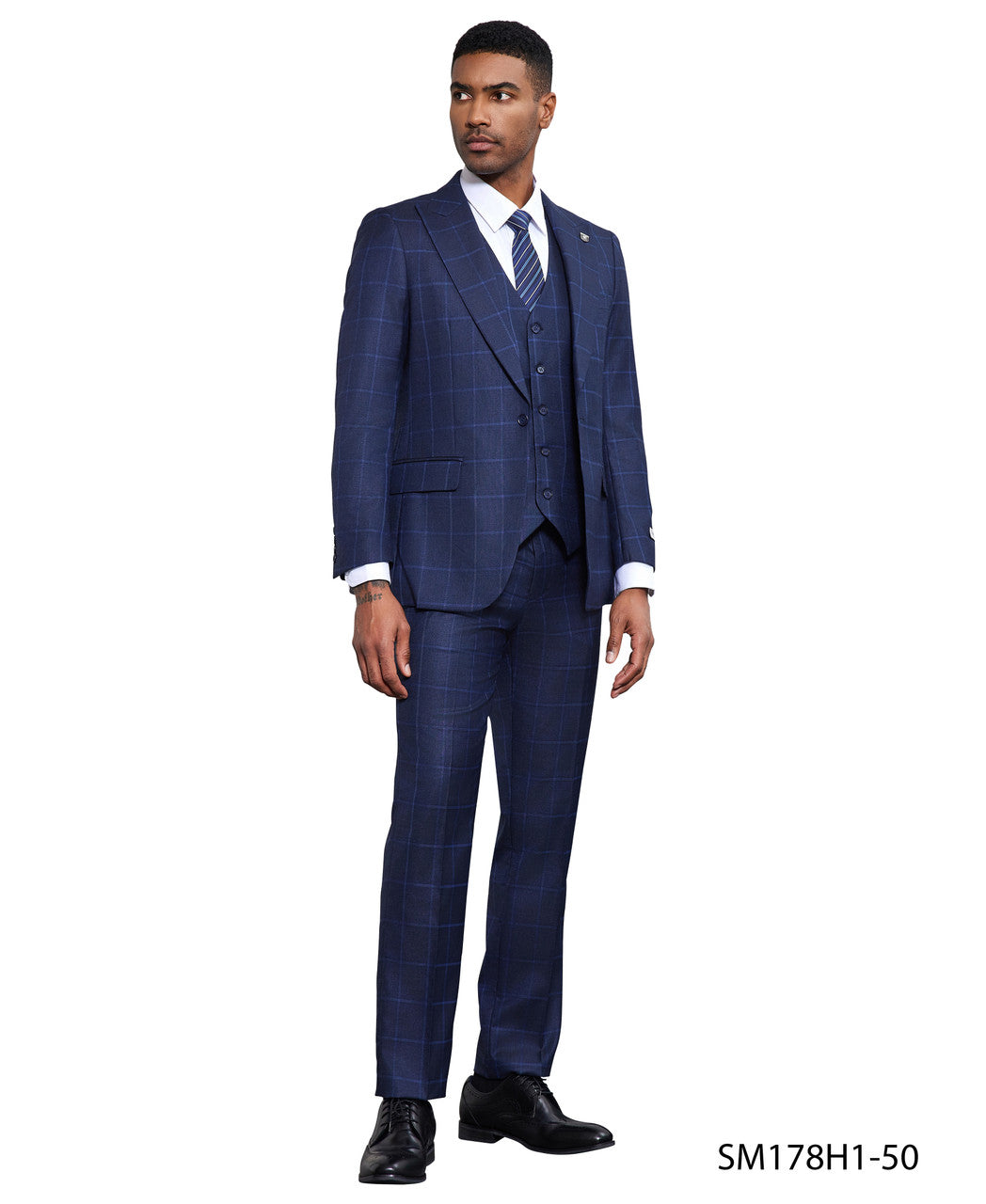 Dark Blue Windowpane 3 Piece Peak Lapel Stacy Adams Men's Hybrid Suit